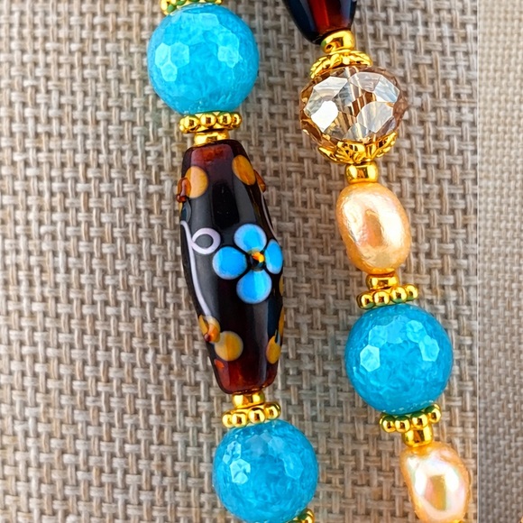 Artisan Venetian Wedding Cake Lampwork, Aqua, Freshwater Pearls - Picture 2 of 4